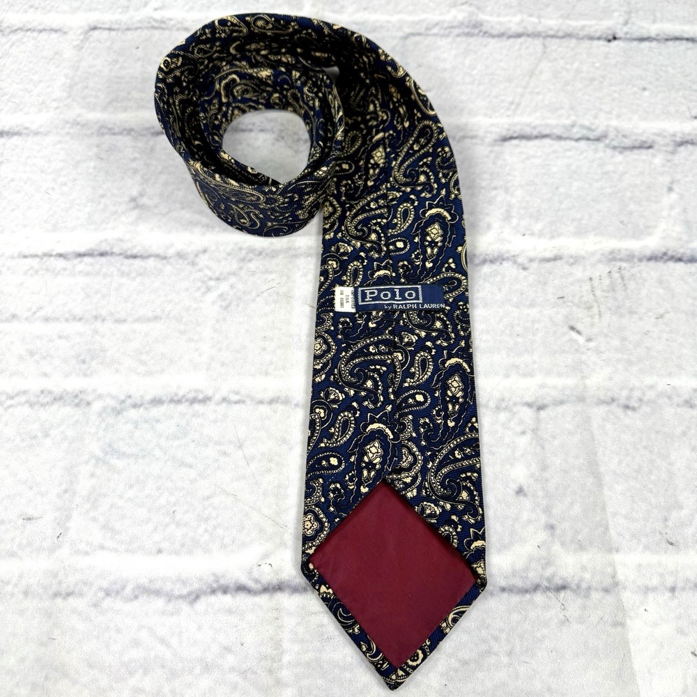 Vintage Polo Ralph Lauren Gabardine Silk Tie Paisley 56" Imported‎ Navy Preppy